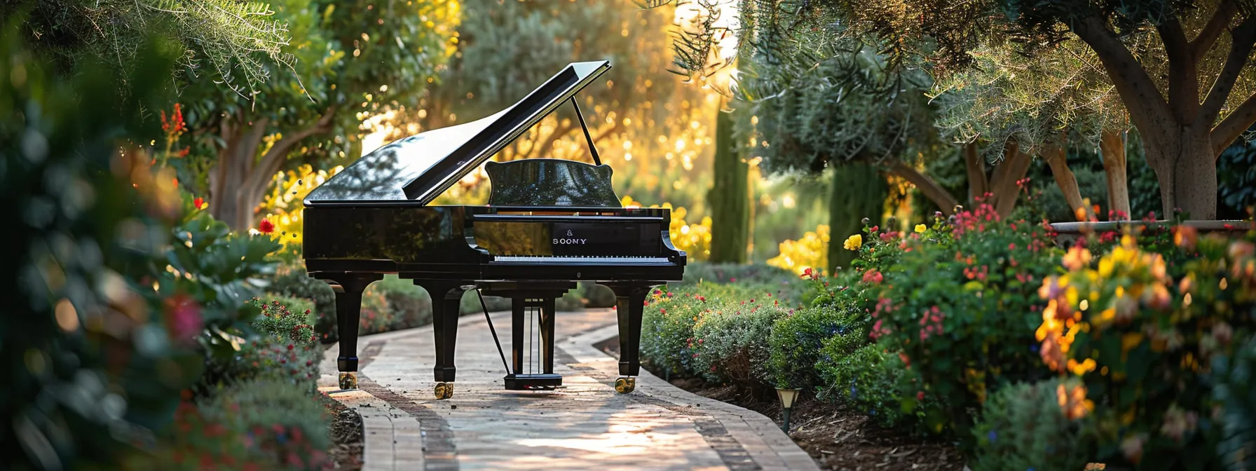 A Grand Piano Being Carefully Maneuvered Down A Beautifully Landscaped Pathway In Irvine, Ca, Showcasing The Meticulous Planning And Execution Required For A Successful Move.