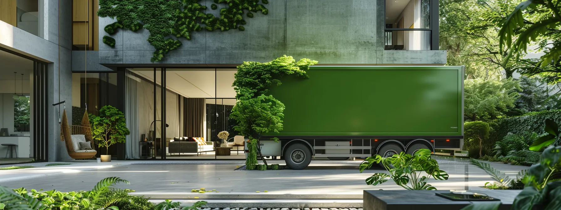 A Green Moving Truck Parked In Front Of A Modern Eco-Friendly Home, Symbolizing Sustainable Relocation Choices.