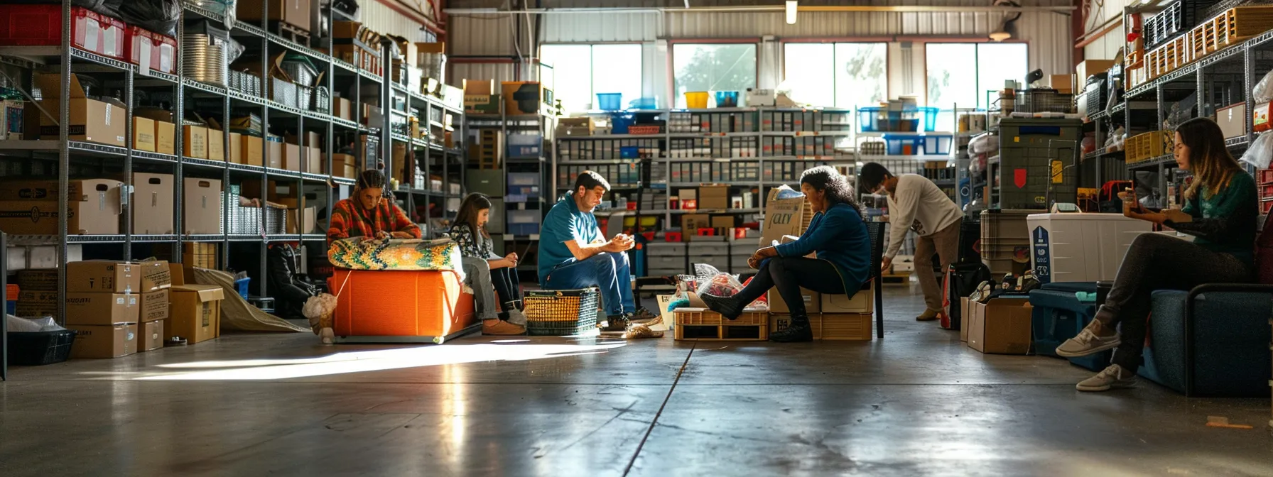 A Group Of Diverse Individuals Organizing And Sharing Storage Space In A Spacious Orange County Storage Facility, Strategizing On Maximizing Value.