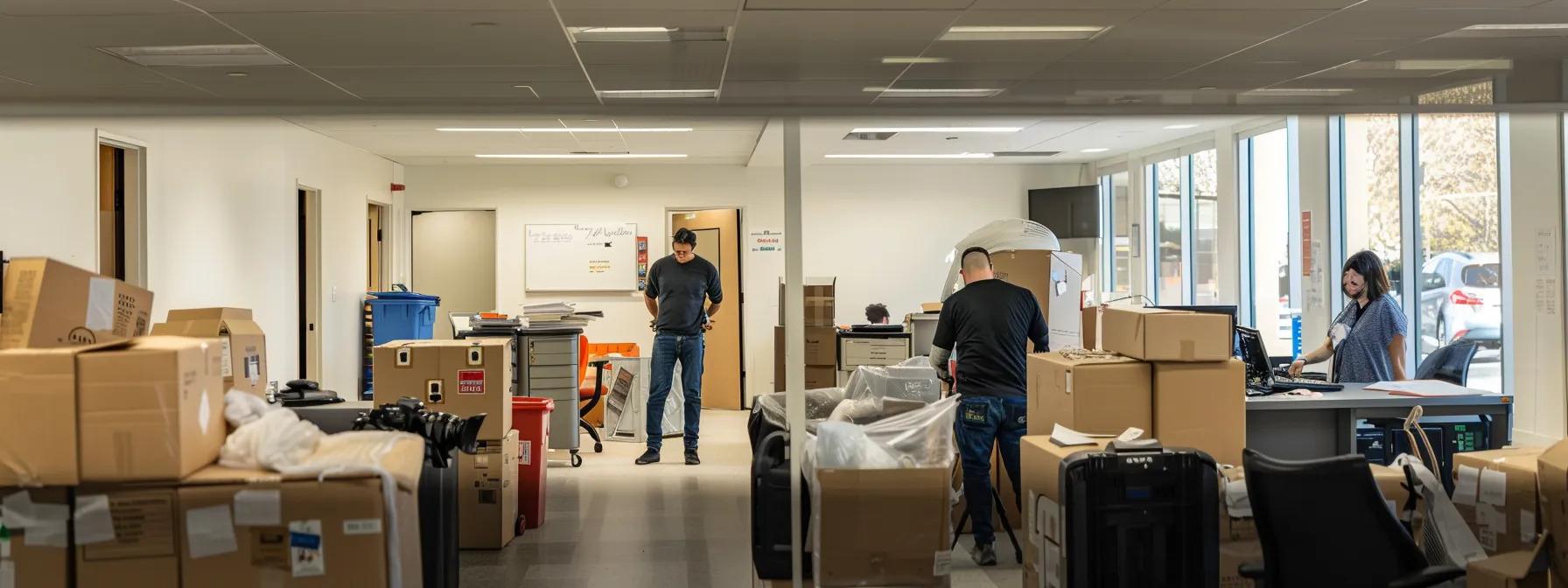 A Group Of Experienced Office Movers Carefully Packing And Securing Office Equipment In Preparation For A Commercial Relocation, Showcasing Their Expertise And Attention To Detail.