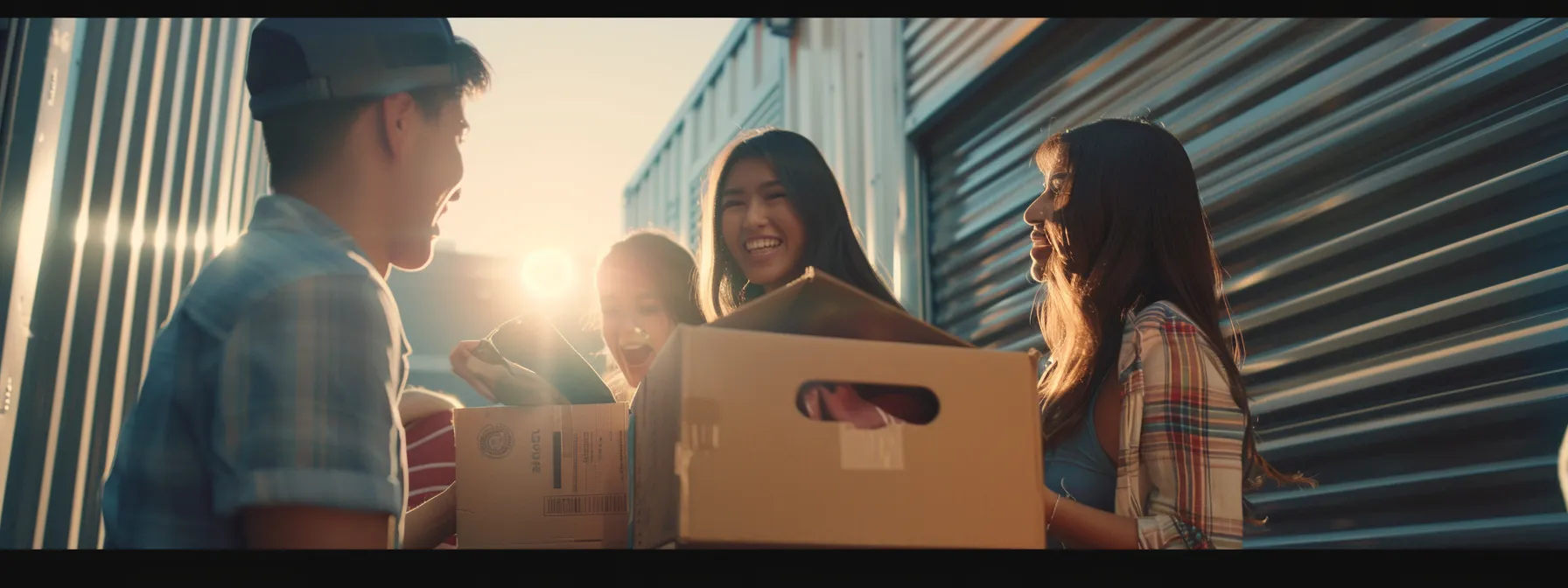 A Group Of Friends Smiling And Organizing Their Belongings In An Affordable, Well-Maintained Storage Unit In Los Angeles.