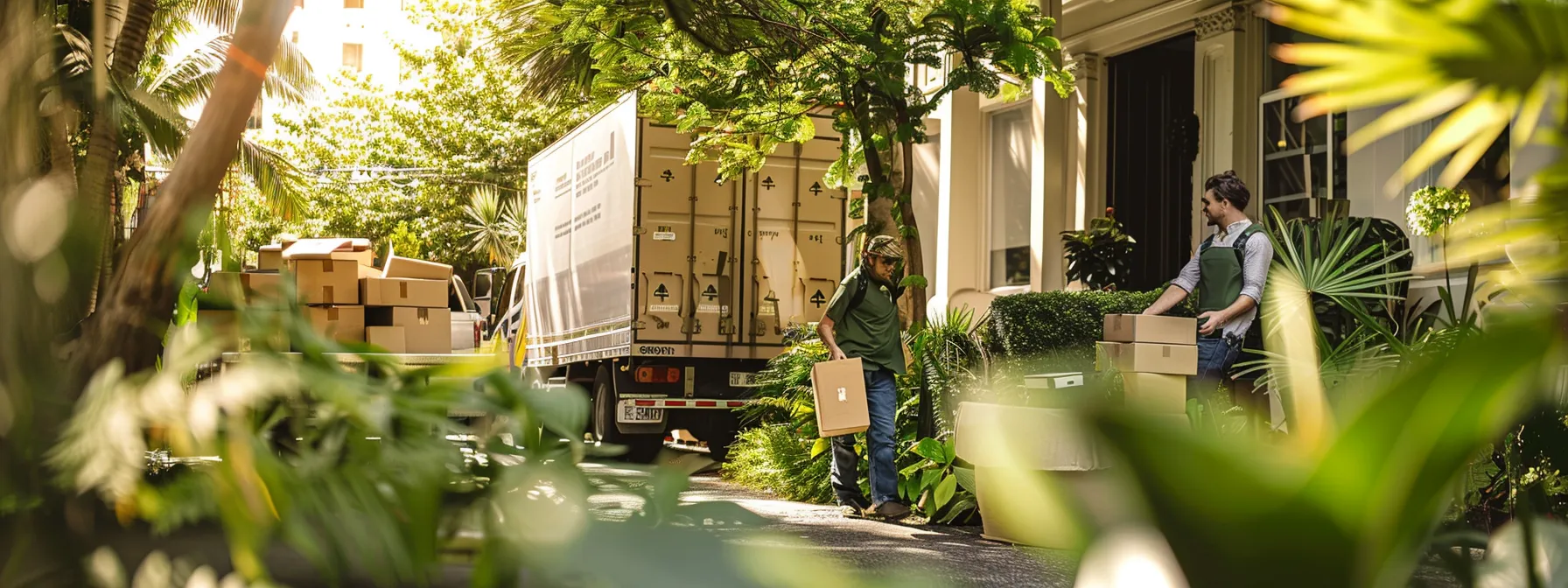 A Group Of Movers Carefully Loading Eco-Friendly Labeled Boxes Onto A Truck, Surrounded By Lush Greenery, Showcasing Their Commitment To Sustainability In The Moving Process.