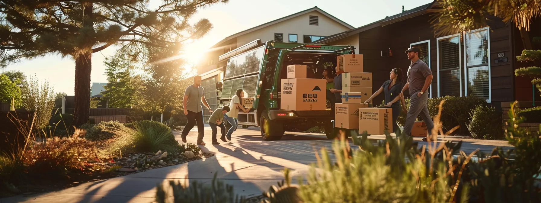 A Group Of Movers Carefully Loading Eco-Friendly Labeled Boxes Onto A Moving Truck Adorned With Solar Panels, While A Happy Family Watches On With Approval And Excitement.