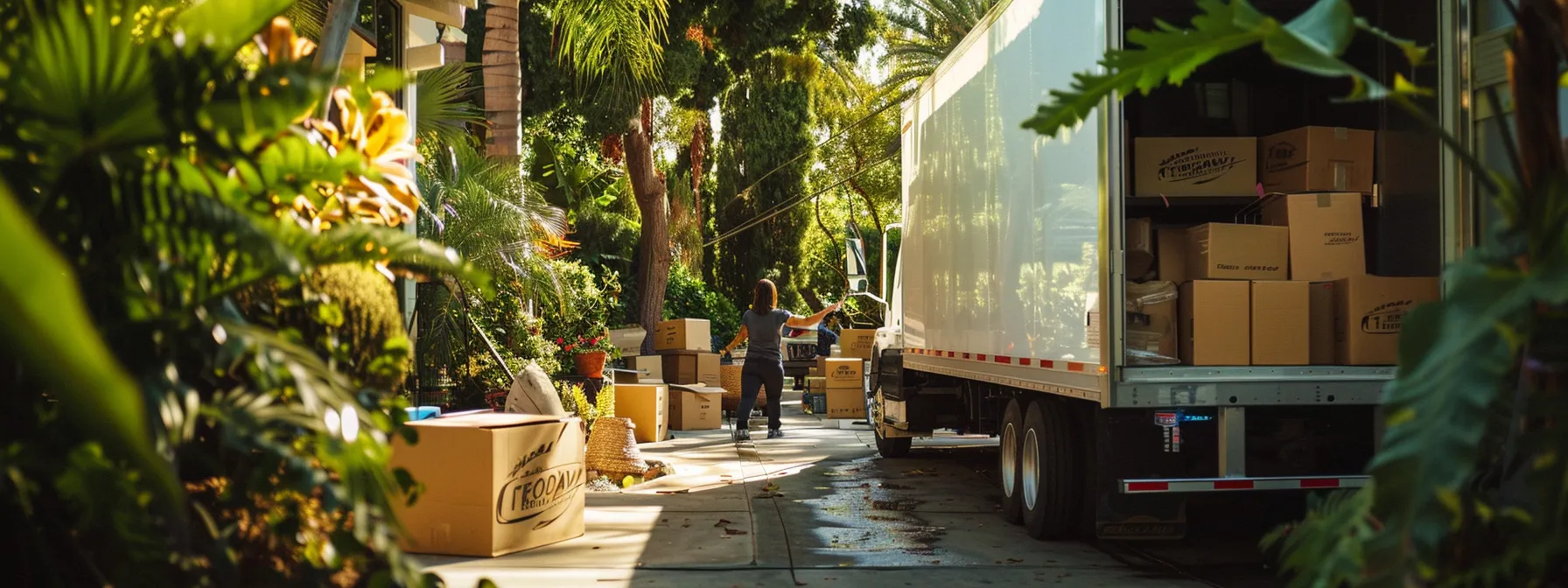 A Group Of Movers Packing Eco-Friendly Boxes And Loading Them Onto A Truck, Surrounded By Lush Greenery In Orange County.