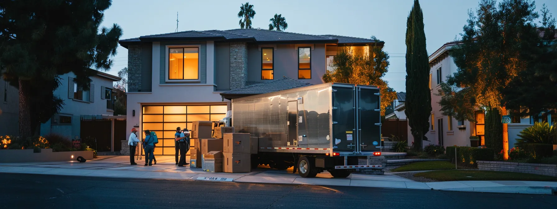 A Group Of Professional Movers Carefully Loading Boxes And Furniture Into A Large Moving Truck Parked In Front Of A Modern Home In Irvine, Ca.