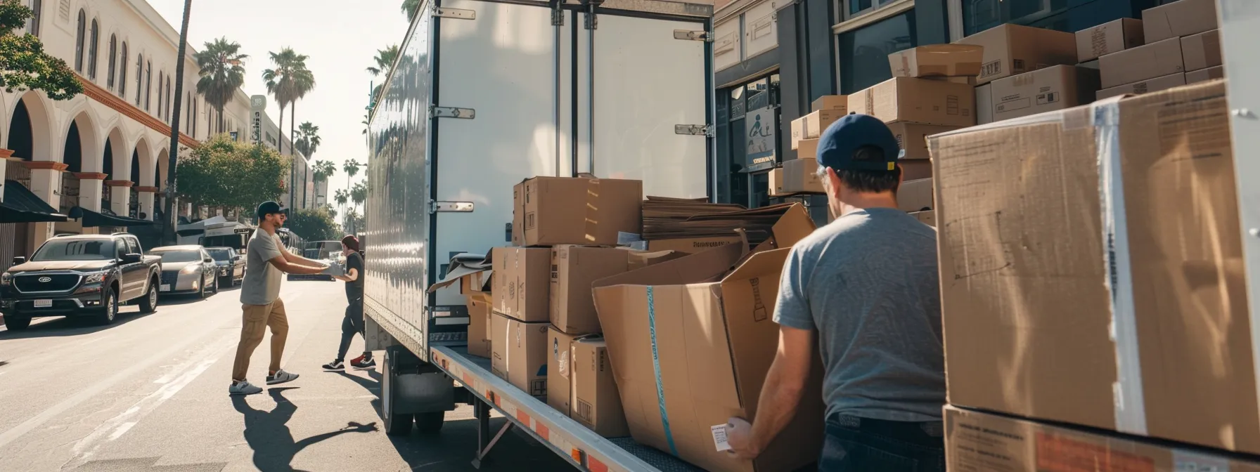 A Group Of Professional Movers Carefully Loading Boxes Onto A Clean, Modern Moving Truck In Los Angeles.