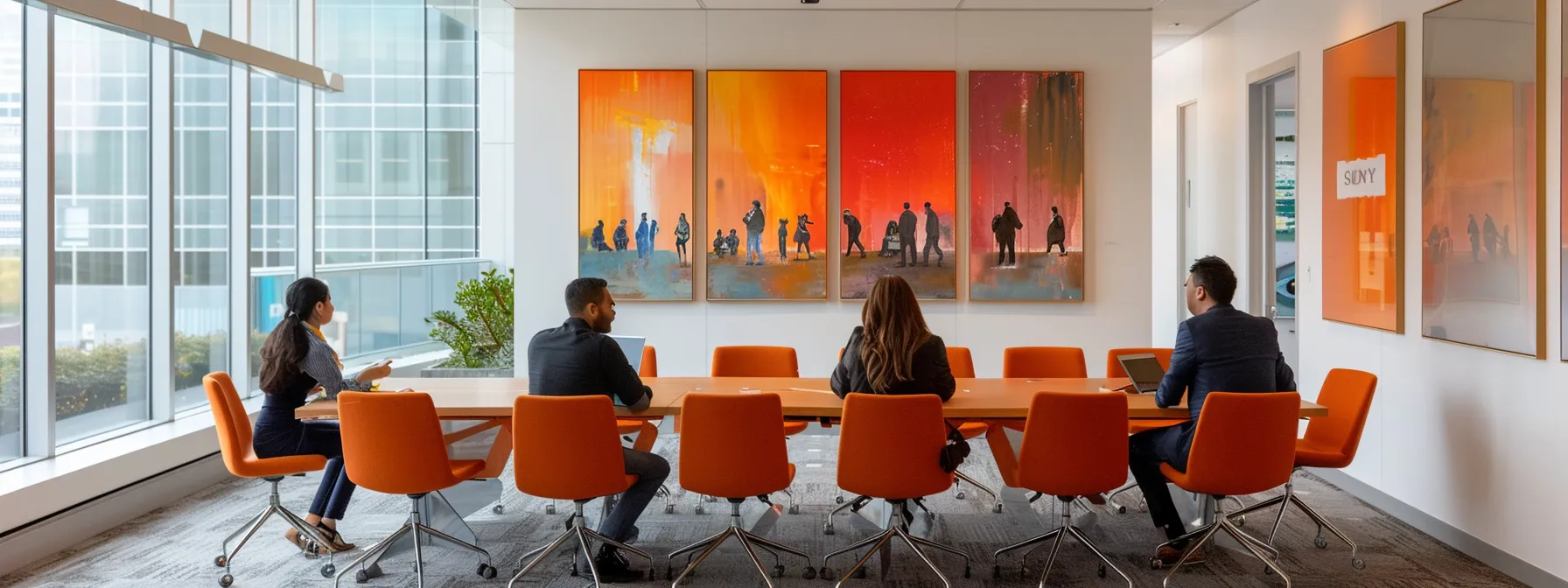 A Group Of Professionals In A Modern, Spacious Office Boardroom In Irvine, Ca, Meticulously Planning Their Orange County Office Move.