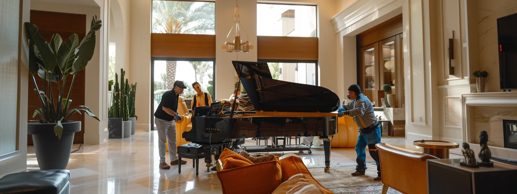 A Group Of Strong Movers Carefully Transporting A Grand Piano Through A Modern Living Room In Irvine, Ca.