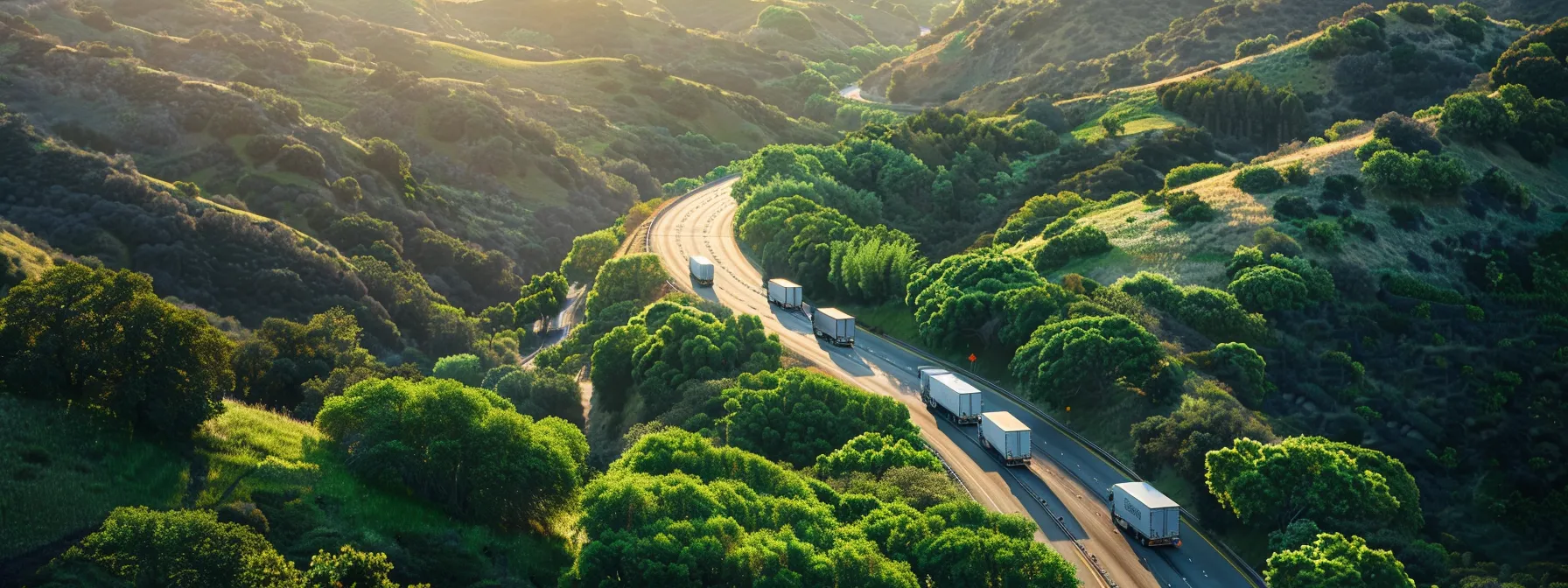 A Line Of Fuel-Efficient Moving Trucks Driving Through A Lush, Green Landscape, Reducing Pollutants And Supporting Sustainability In Los Angeles.