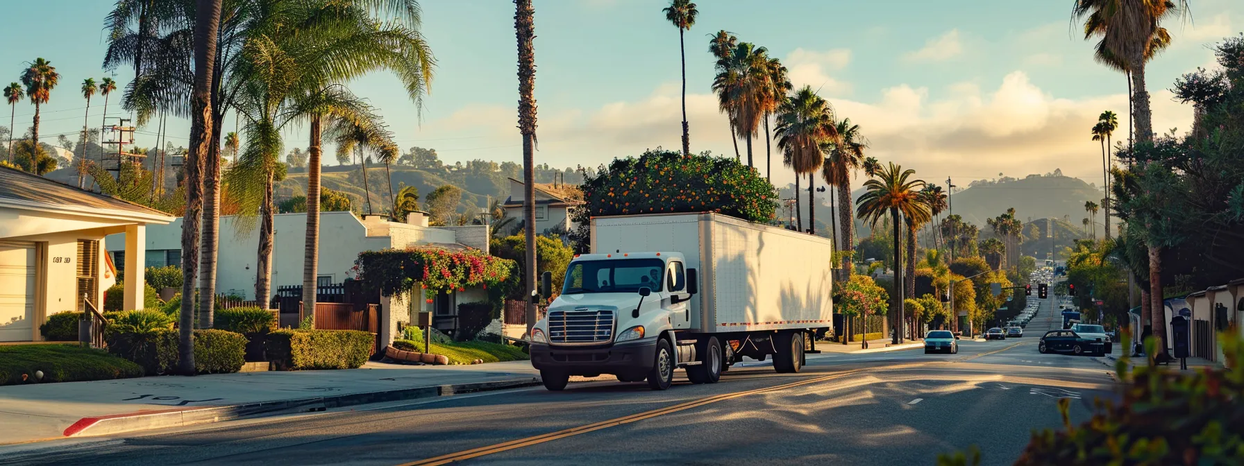 A Local La Moving Company Truck Expertly Maneuvering Through The Vibrant Streets Of The San Fernando Valley.