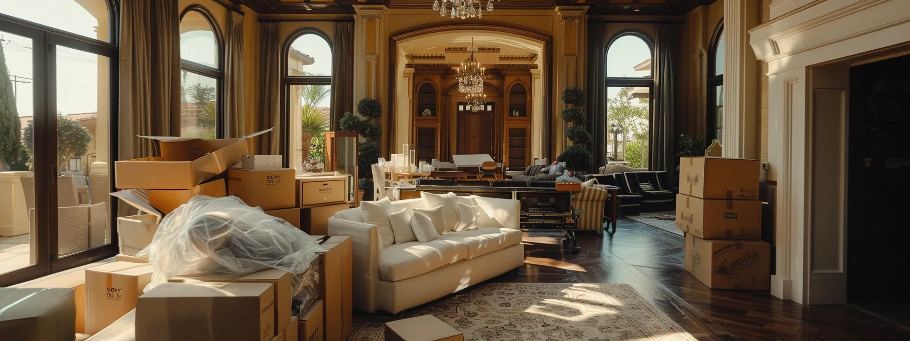 A Luxurious Living Room Filled With High-End Furniture Being Carefully Packed And Loaded Onto A Climate-Controlled Moving Truck By White-Gloved Movers In Los Angeles.