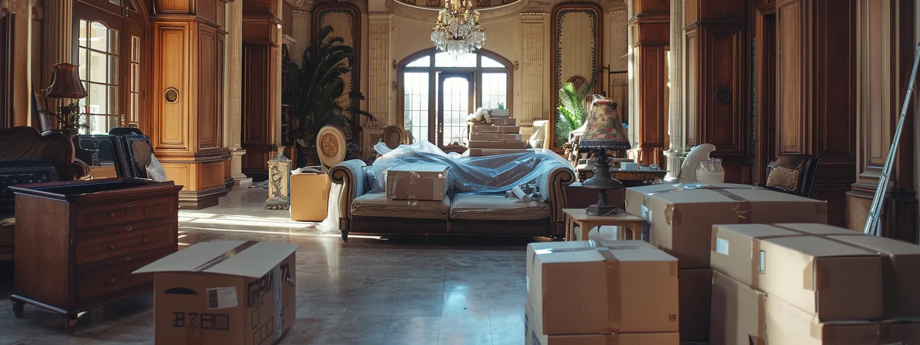 A Luxurious Mansion Interior Filled With Elegant, Antique Furniture Being Carefully Wrapped And Loaded Onto A Moving Truck By Expert Movers In Los Angeles.