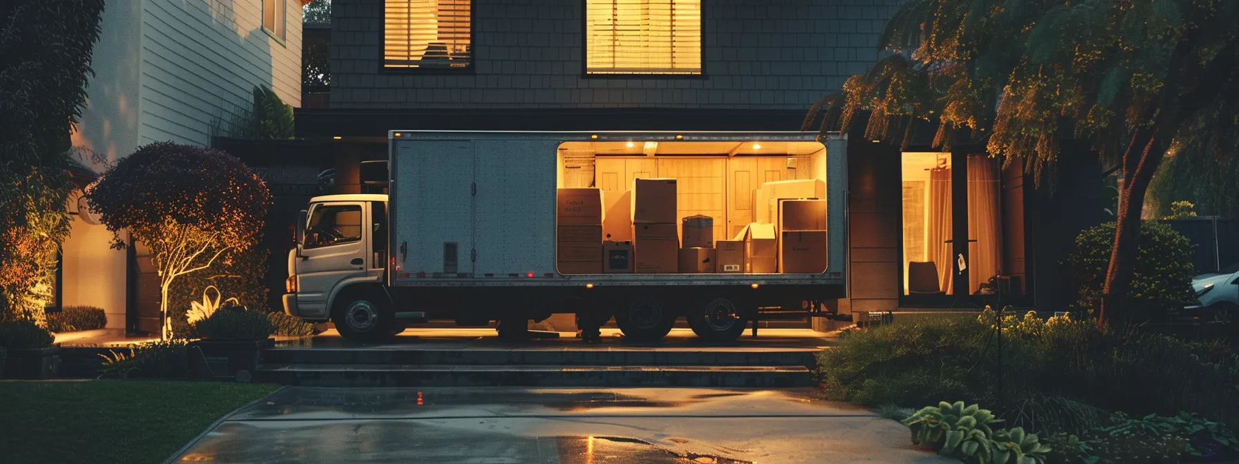 A Modern Moving Truck Parked Outside A Stylish La Home, With Movers Efficiently Unloading Furniture And Boxes Into The House, Showcasing The Convenience Of Bundled Moving And Storage Packages.