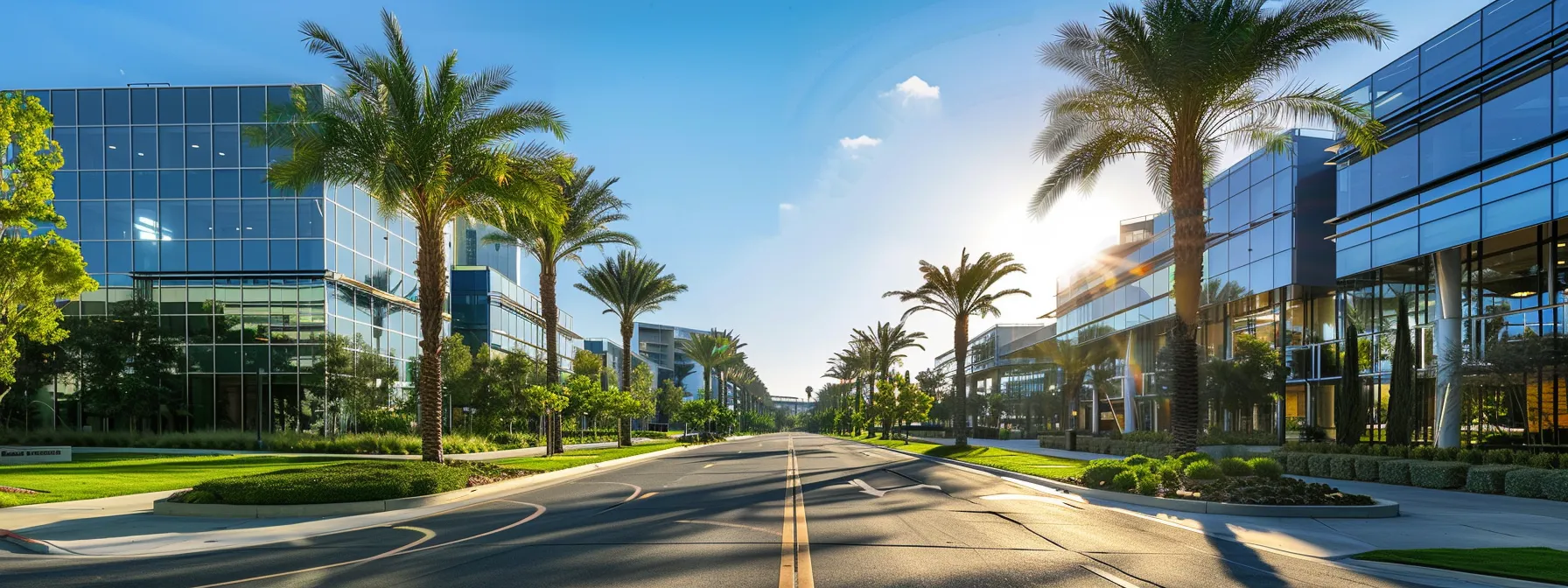 A Modern Office Building In Irvine, Ca Showcasing Sleek Glass Architecture, Surrounded By Lush Greenery Under The Bright California Sun.