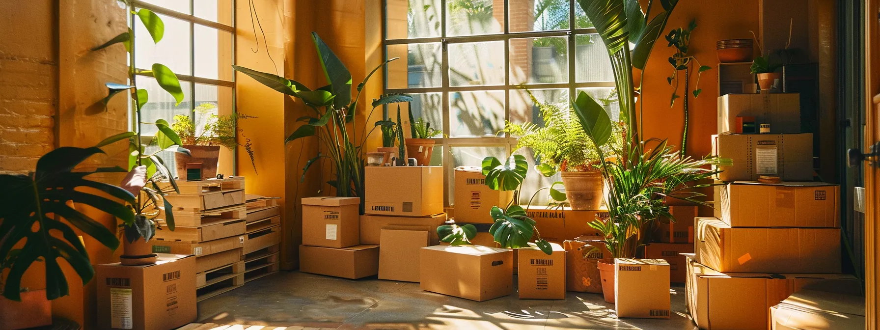 A Moving Company In Los Angeles Showcases A Wide Array Of Eco-Friendly Packaging Options, Featuring Vibrant Colors And Earthy Textures To Attract Environmentally Conscious Customers.