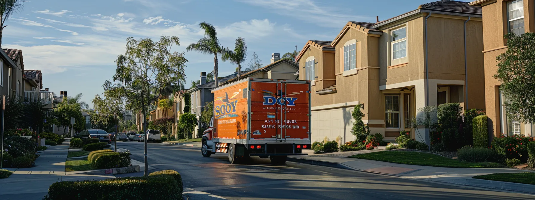 A Moving Company Logo Displayed Prominently On A Truck In An Orange County Neighborhood, Showcasing Their Valid Licensing And Insurance Credentials.