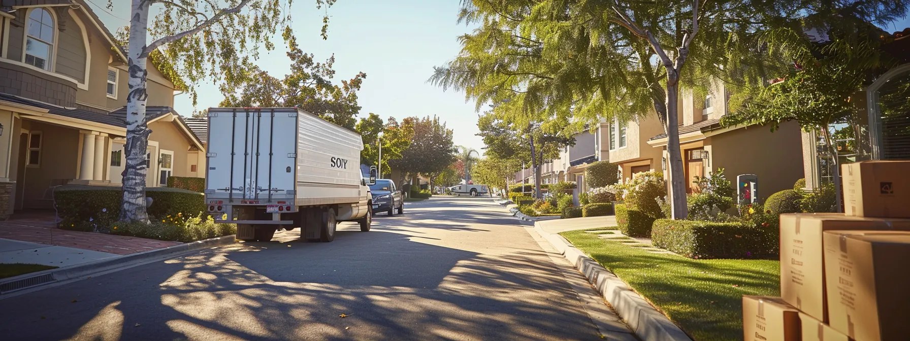 A Moving Company Truck Parked In A Suburban Neighborhood In Irvine, Ca, Surrounded By Neatly Stacked Moving Boxes And Packing Supplies.