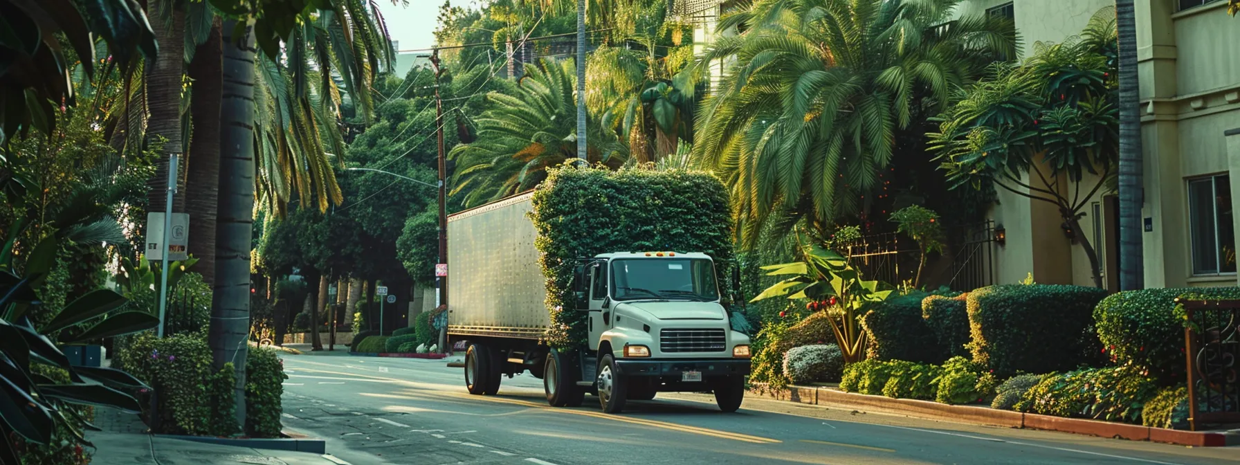 A Moving Truck Adorned With Lush Green Plants Drives Through The Picturesque Streets Of Los Angeles, Symbolizing La Green Movers' Dedication To Eco-Friendly Practices.