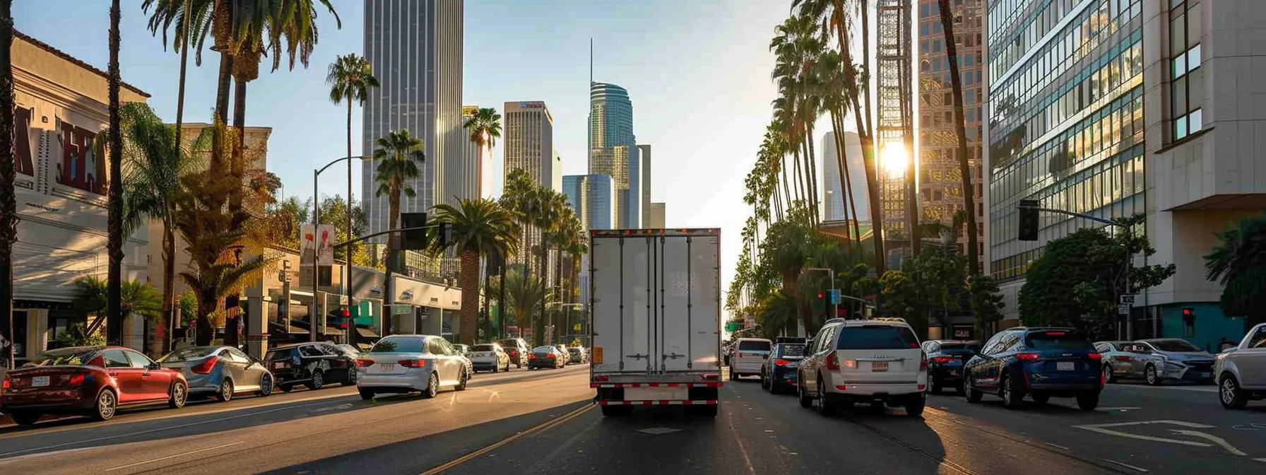 A Moving Truck Carefully Navigating Through The Congested Streets Of Los Angeles, Surrounded By High-Rise Buildings And Palm Trees.