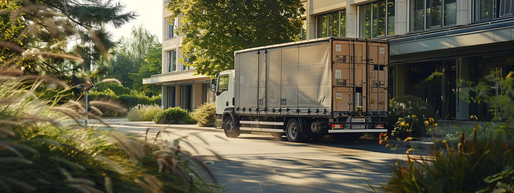 A Moving Truck Filled With Labeled Reusable Boxes And Eco-Friendly Packing Materials Parked In Front Of A Green-Certified Facility.