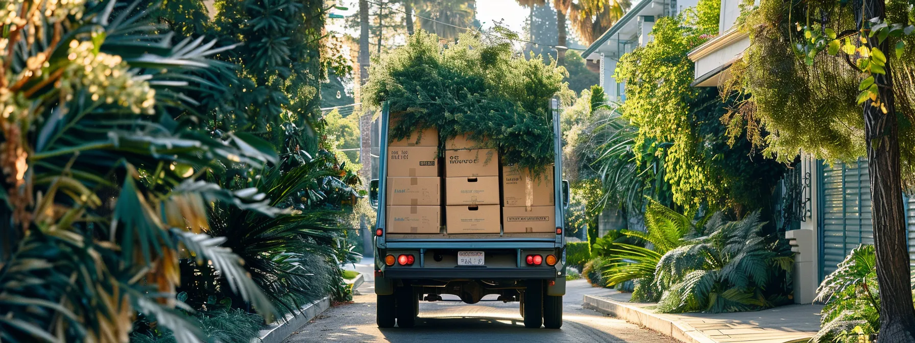 A Moving Truck Loaded With Eco-Friendly Packing Materials, Surrounded By Lush Greenery, Driving Through The Scenic Streets Of Los Angeles.