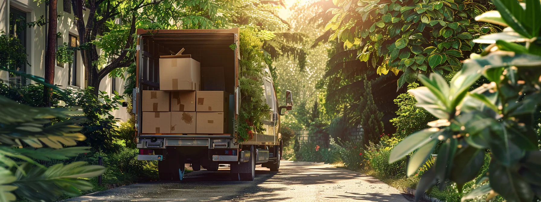 A Moving Truck Loaded With Eco-Friendly Packing Materials And Supplies, Surrounded By Greenery, Symbolizing A Sustainable And Efficient Relocation Process.