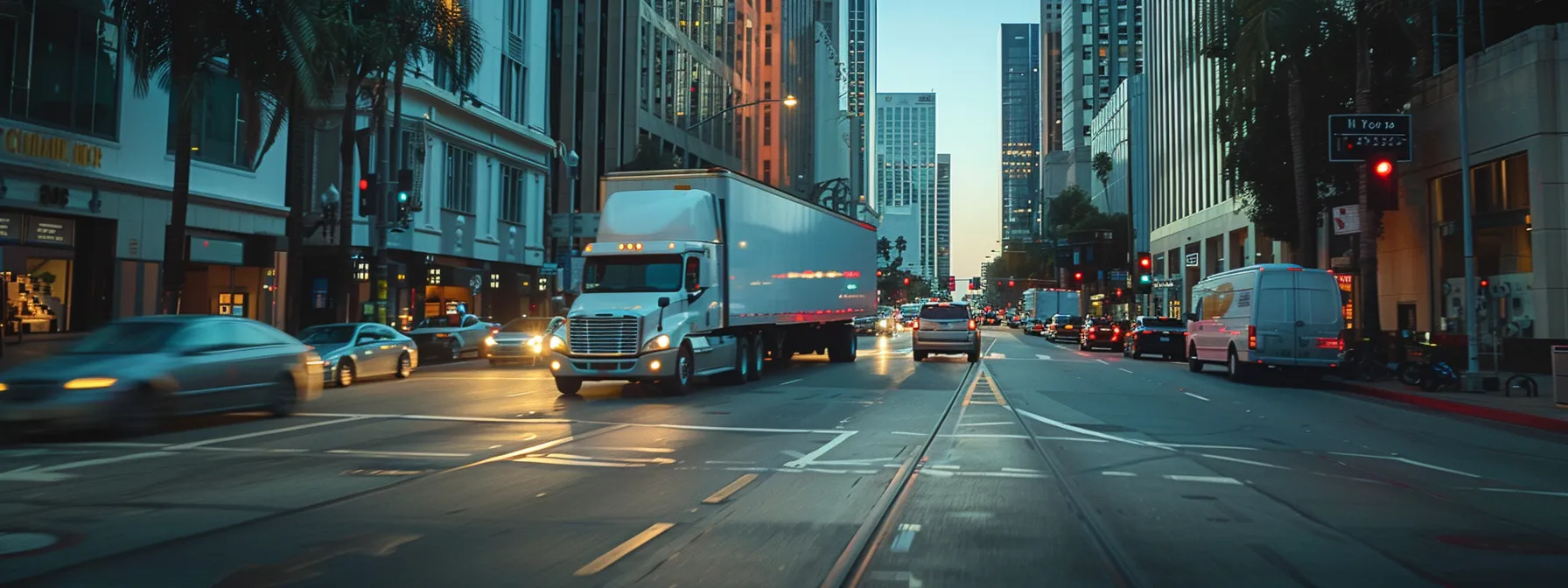 A Moving Truck Navigating Through Congested Los Angeles Traffic, Surrounded By Towering Buildings And Bustling Streets.