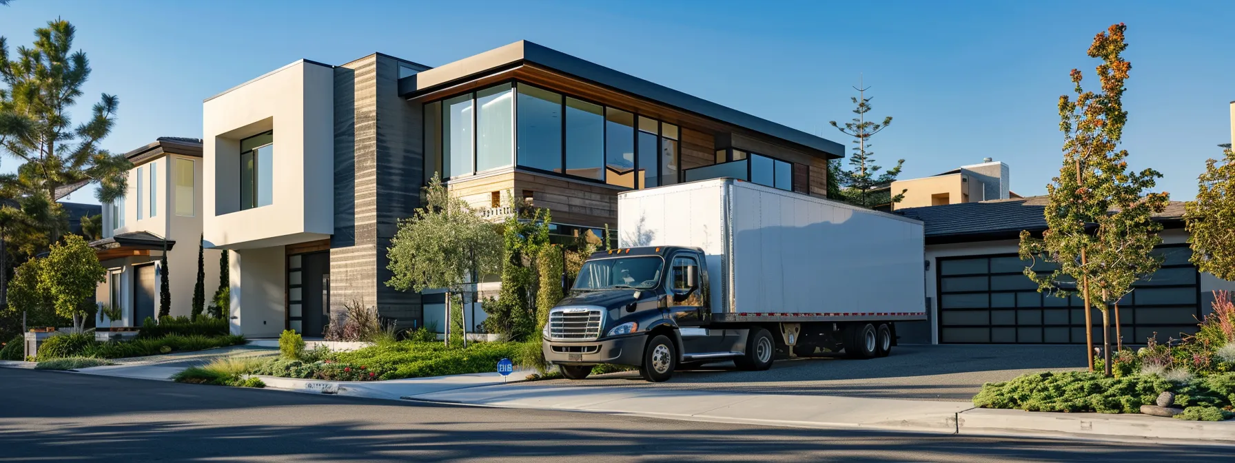 A Moving Truck Parked In Front Of A Modern Home In Irvine, Ca, Ready To Transport Belongings Cross Country.