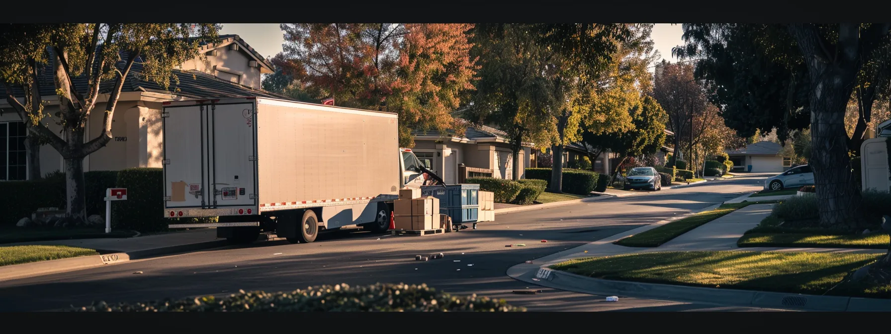 A Moving Truck Parked In Front Of A Suburban Home In Irvine, Ca, Surrounded By Boxes And Furniture, Ready For A Residential Move.