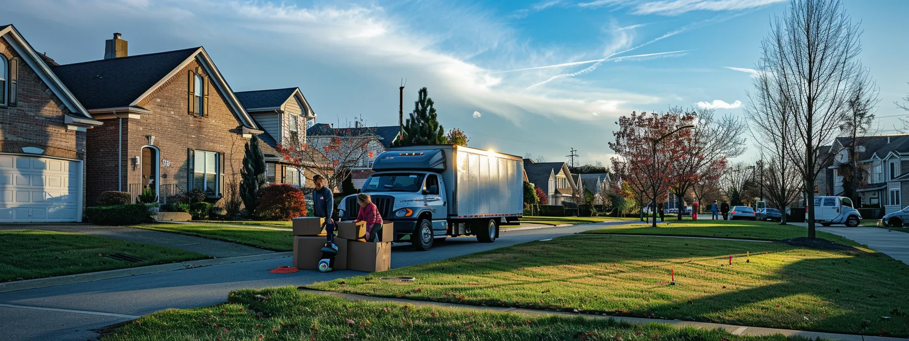 A Moving Truck Parked In Front Of A Suburban Home, With A Family Happily Unloading Boxes Under A Clear Blue Sky, Symbolizing A Stress-Free And Organized Moving Experience.