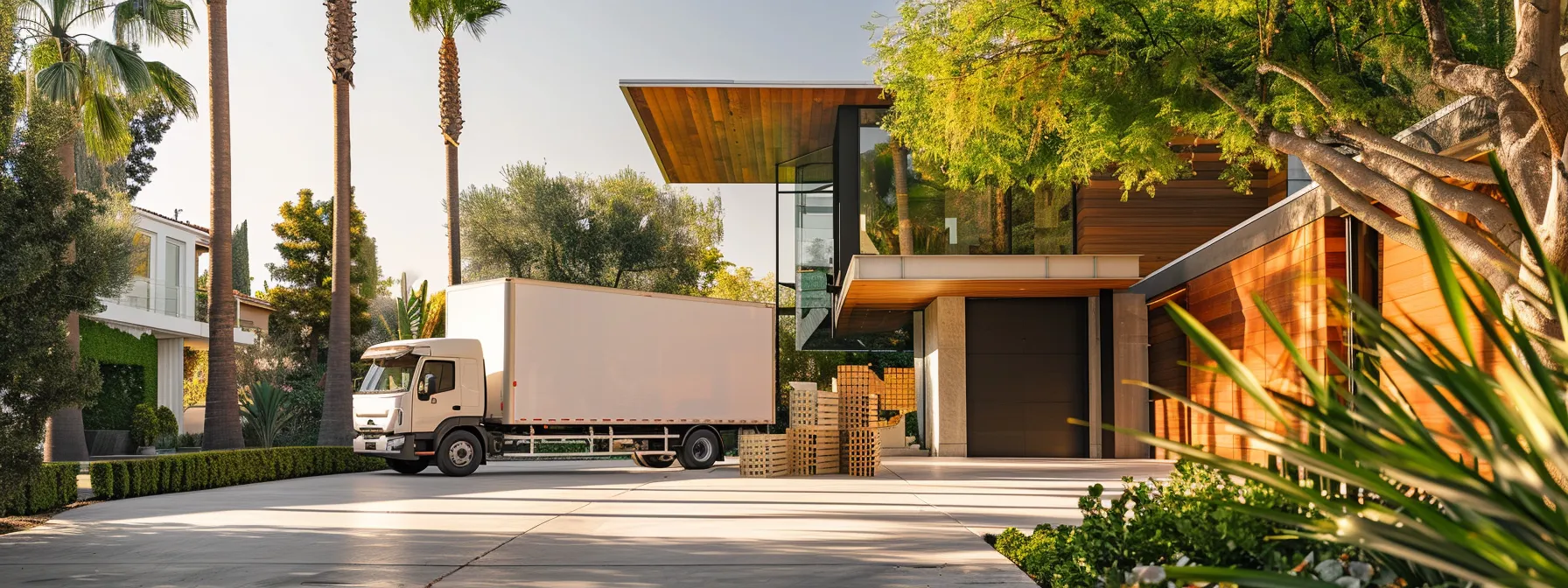 A Moving Truck Parked Outside A Sleek Modern Home In Irvine, Ca With Recyclable Moving Boxes Stacked Neatly On The Driveway, Showcasing A Sustainable Moving Service.