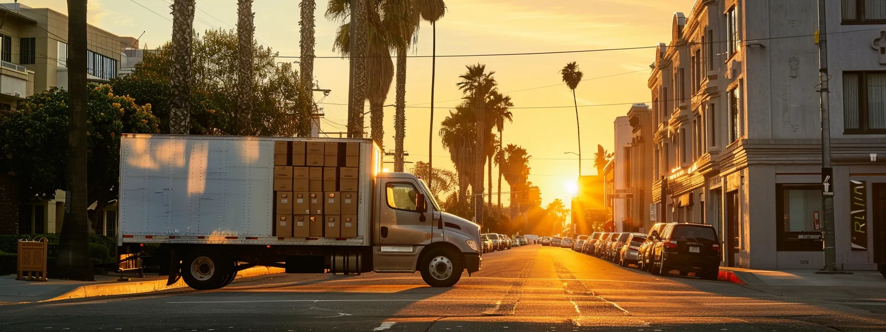 A Moving Truck Parked On A Quiet Los Angeles Street At Sunset, With Boxes Neatly Stacked And A Checklist In Hand, Showcasing A Stress-Free And Organized Local Move.