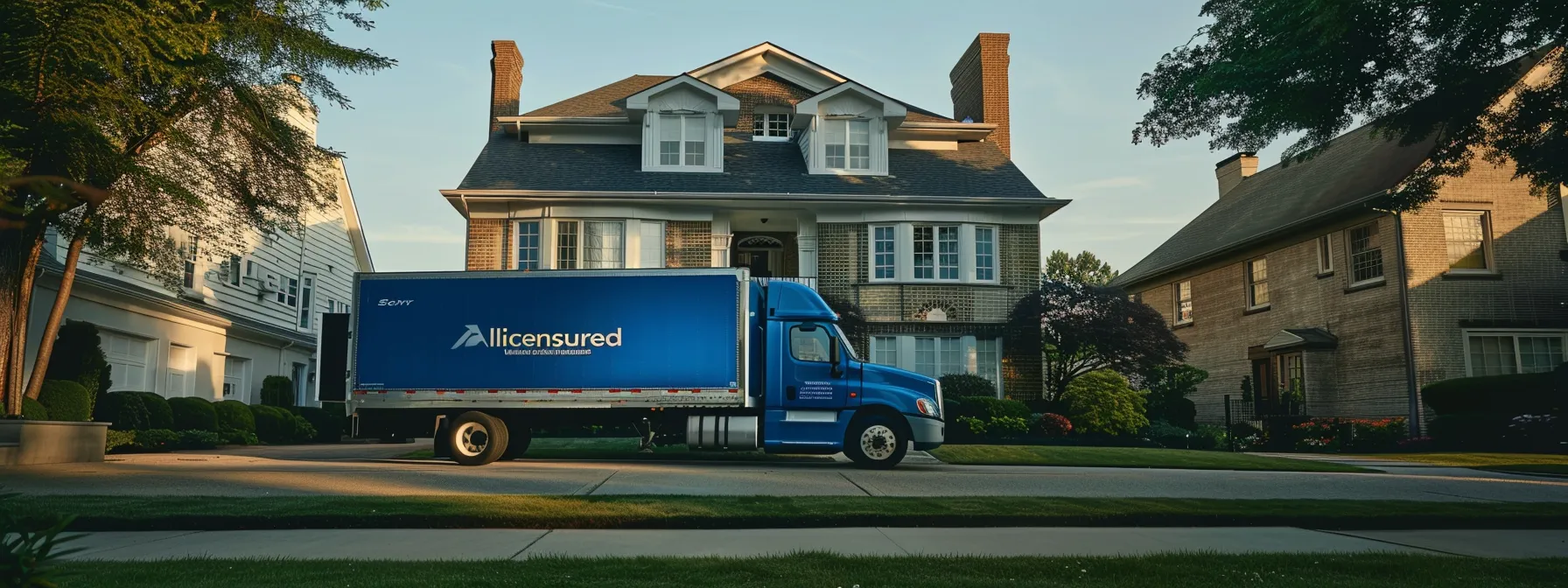 A Moving Truck Parked In Front Of A House, With A Logo On The Side Displaying 