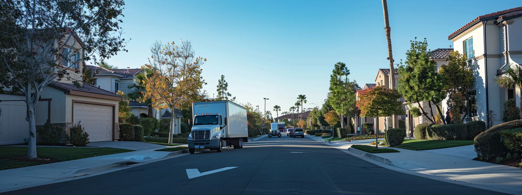 A Moving Truck Parked On A Serene Street In Irvine, Ca, Under A Clear Blue Sky, Showcasing The Tranquility Of A Local Move In Orange County.