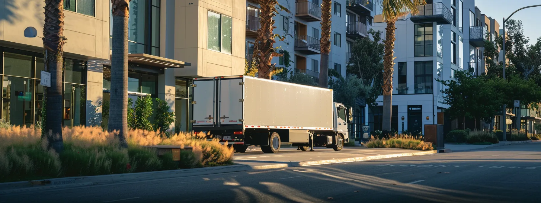 A Moving Truck Parked In Front Of A Stylish Apartment Complex In Los Angeles, Contrasting The Convenience Of Full-Service Moving Companies With The Cost-Saving Aspect Of Self-Service Solutions.