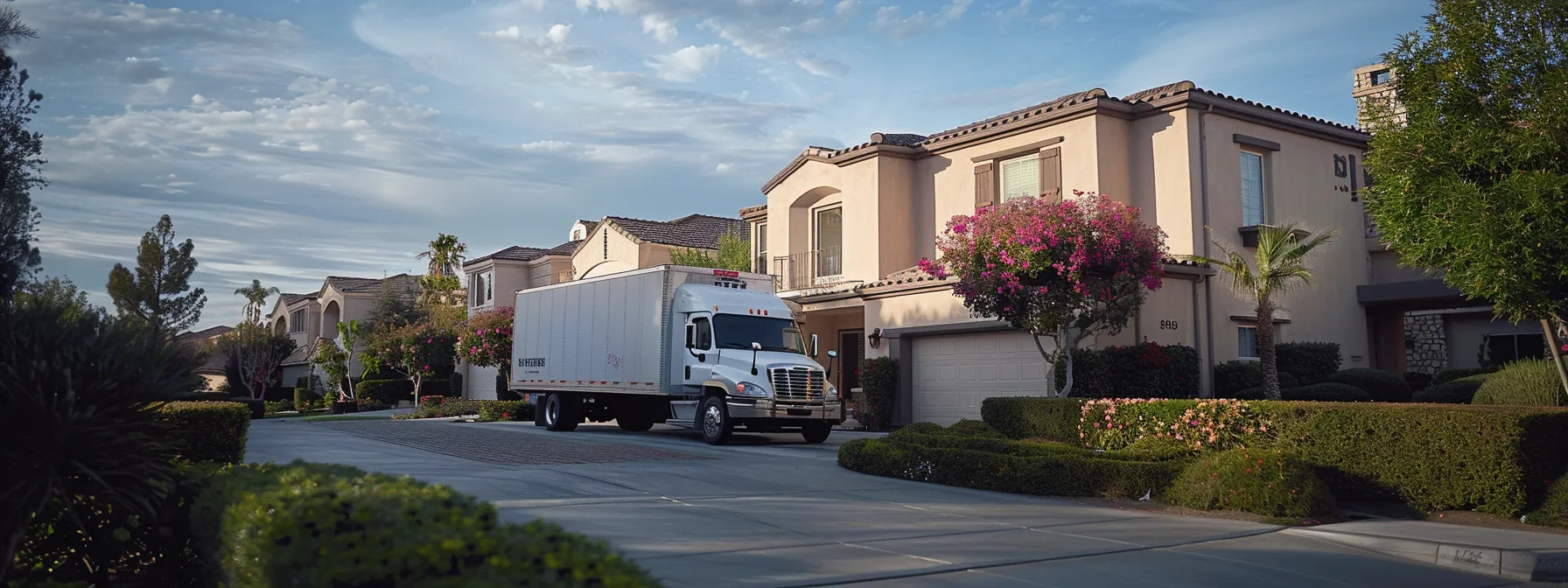 A Moving Truck Parked In Front Of A Well-Organized Home In Irvine, Ca, Ready For Loading, Symbolizing The Structured Approach Clients Can Expect During The Moving Process.