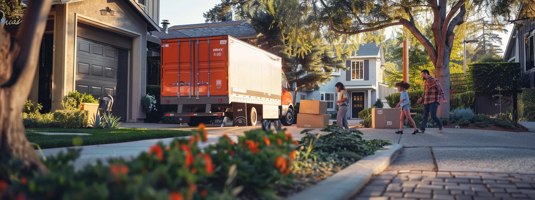 A Moving Truck Parked In Front Of A Home, With A Family Unloading Boxes And Looking Surprised By Unexpected Hidden Fees.