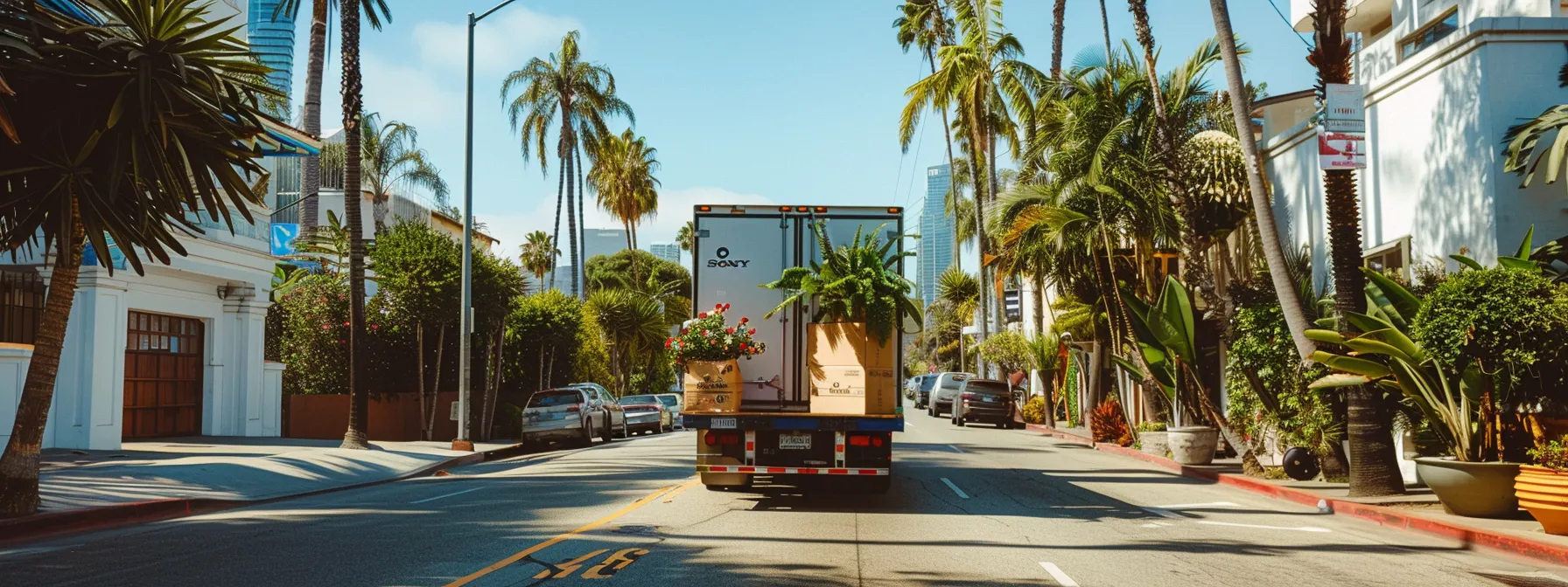 A Moving Truck Winding Through The Bustling Streets Of Los Angeles, Packed With Carefully Wrapped Furniture And Vibrant Houseplants, Symbolizing A Seamless Transition For A Family Moving To A New Home.