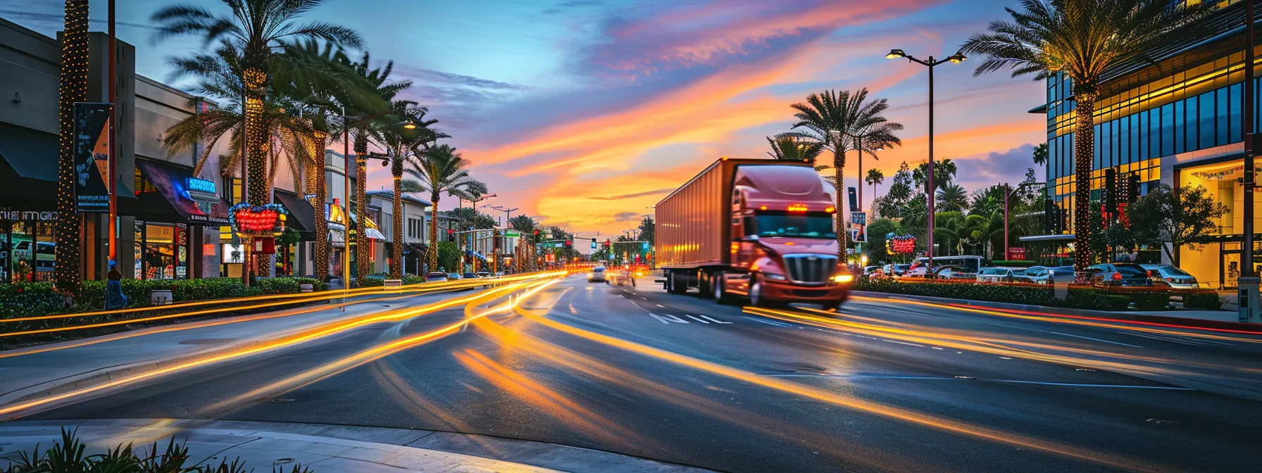 A Moving Truck Winding Through The Bustling Streets Of Irvine, Ca, Showcasing The Vibrant And Fast-Paced Environment During A Rapid Move.