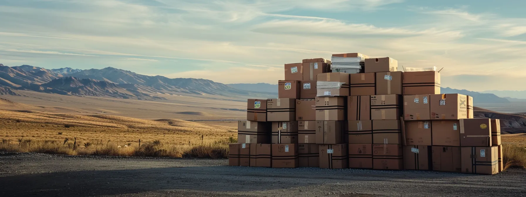 A Neatly Labeled Stack Of Moving Boxes, Ready To Be Loaded Onto A Moving Truck, Against The Backdrop Of A Picturesque Nevada Landscape.