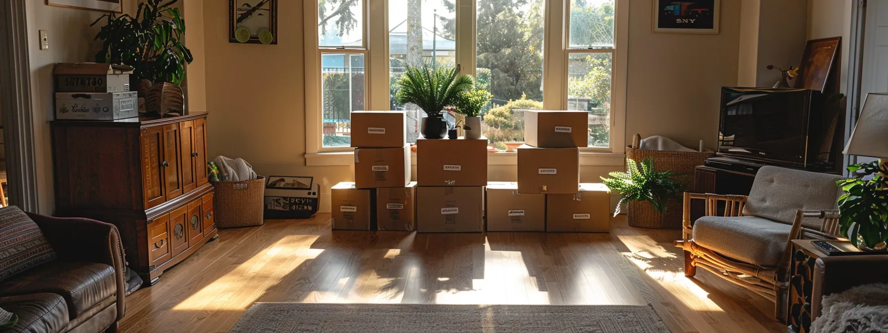 A Neatly Organized Living Room With Labeled Moving Boxes And A Clear Path For A Moving Truck Out Front, Showcasing A Stress-Free And Efficient Moving Day Preparation.