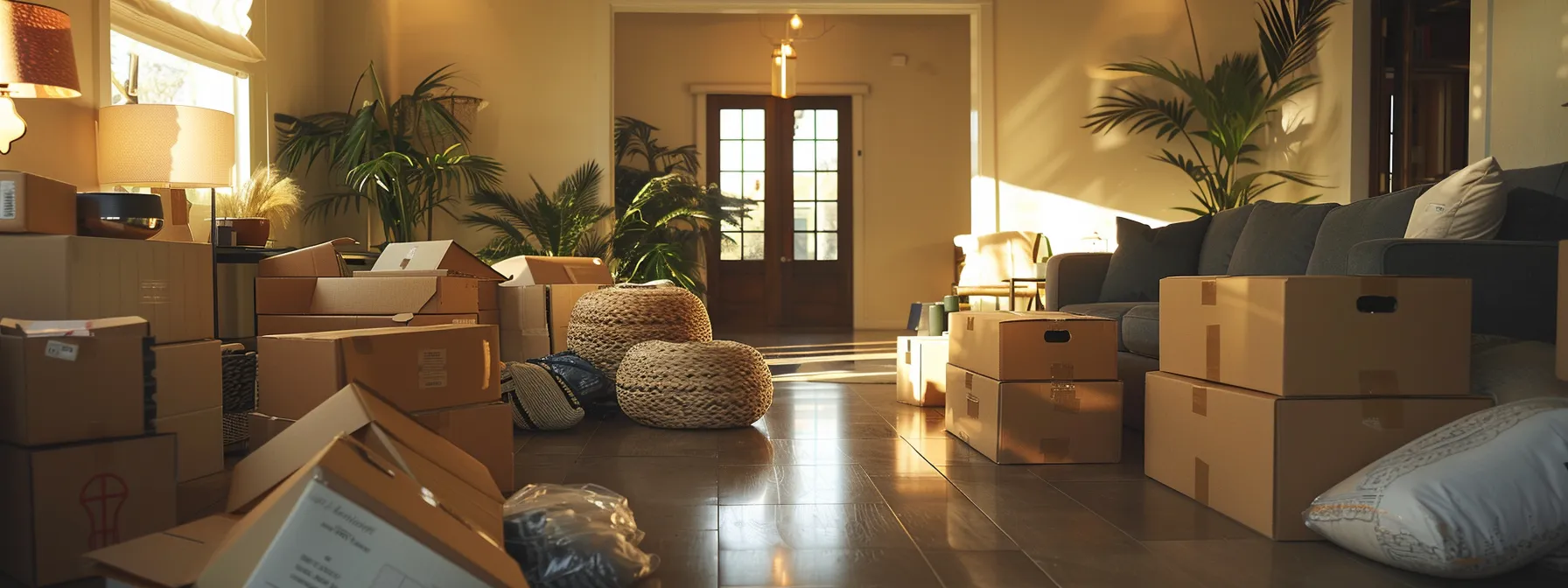 A Neatly Packed Living Room With Labeled Boxes And Furniture Wrapped In Protective Material, Ready For A Smooth Move In Los Angeles.