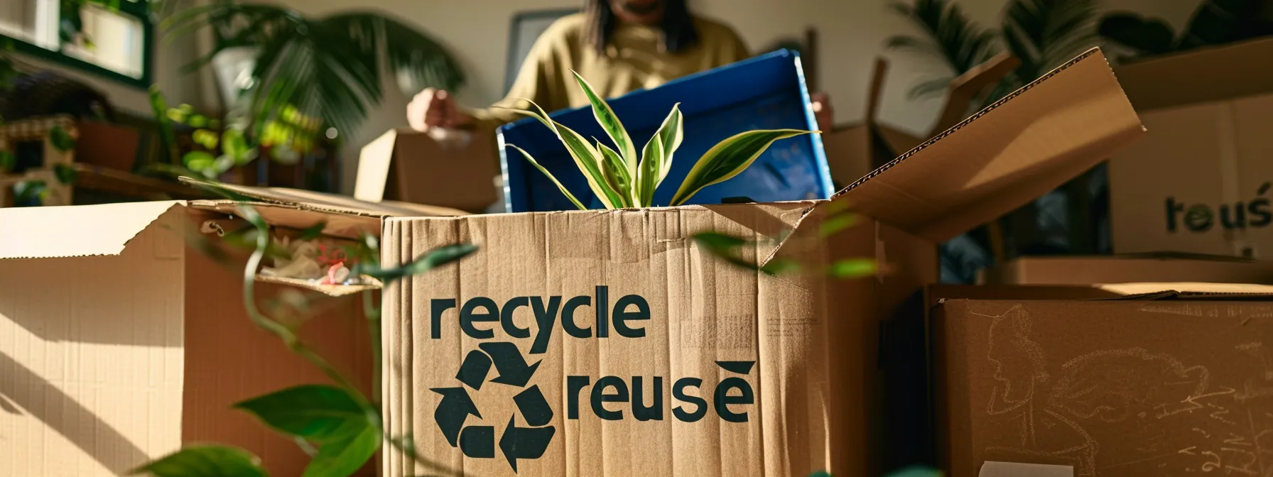 A Person Surrounded By Cardboard Boxes Labeled 