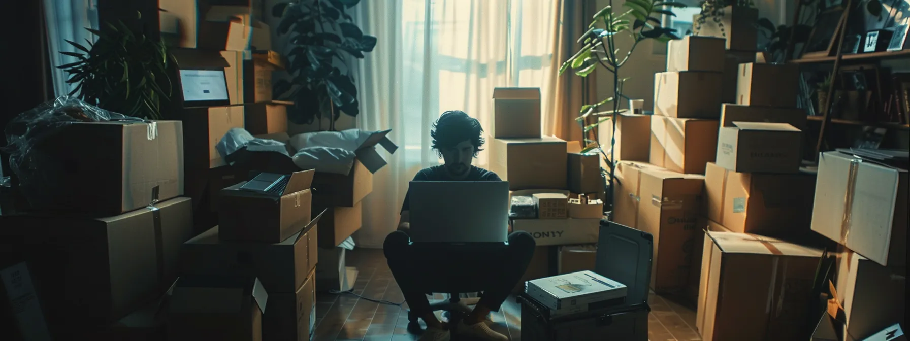 A Person Surrounded By Stacks Of Moving Boxes, Researching Local Moving Companies On A Laptop In A Bright, Airy Room In Irvine, Ca.