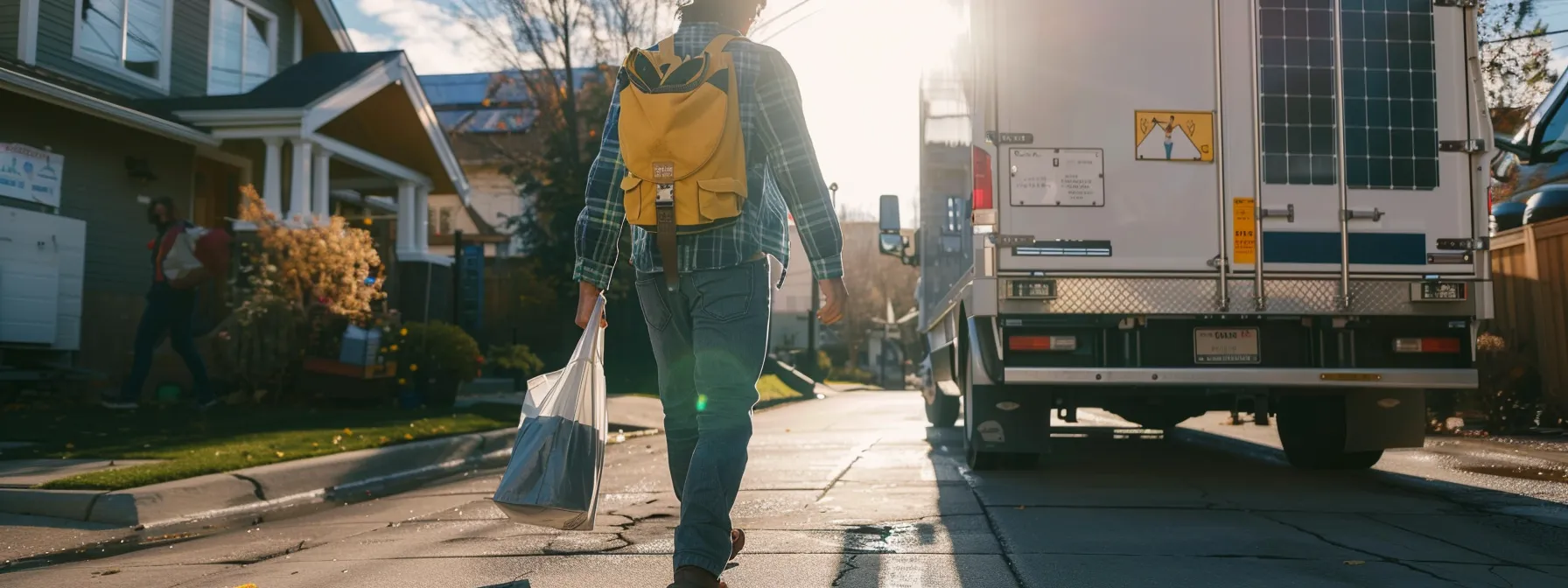 A Person Using A Reusable Tote Bag Filled With Eco-Friendly Moving Supplies, Walking Towards A Moving Truck With Solar Panels On The Roof.