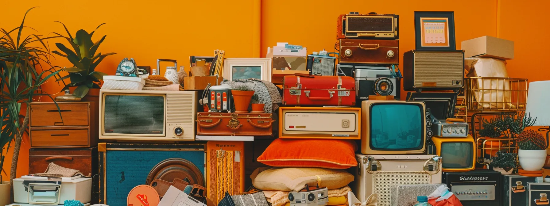 A Pile Of Various Household Items Stacked High Against A Bright Orange Backdrop To Represent Moving Costs In Orange County.