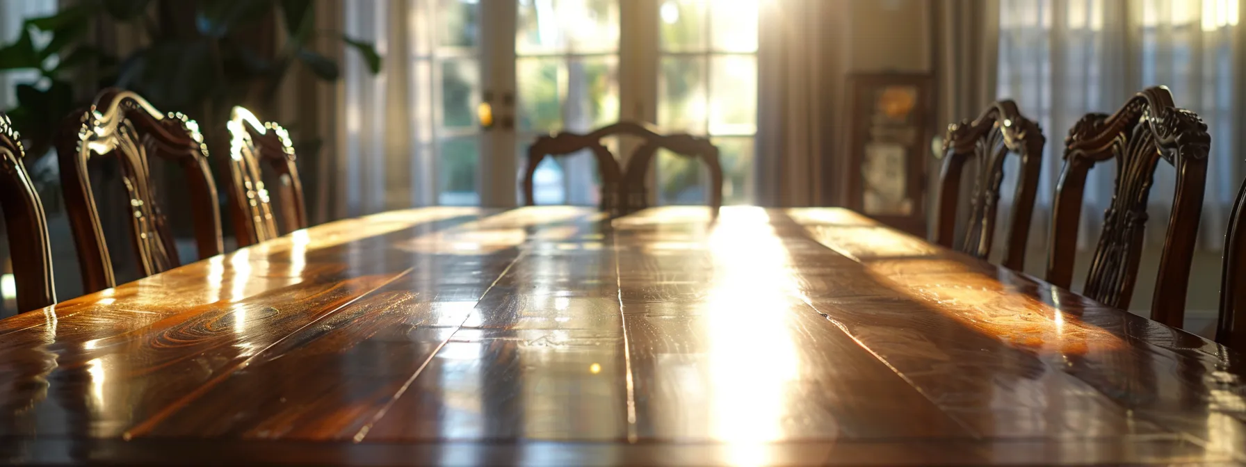 A Polished Wooden Dining Table Cleared Of Personal Items And Secured With Tightened Bolts And Screws, Ready For Expert Movers In Los Angeles.