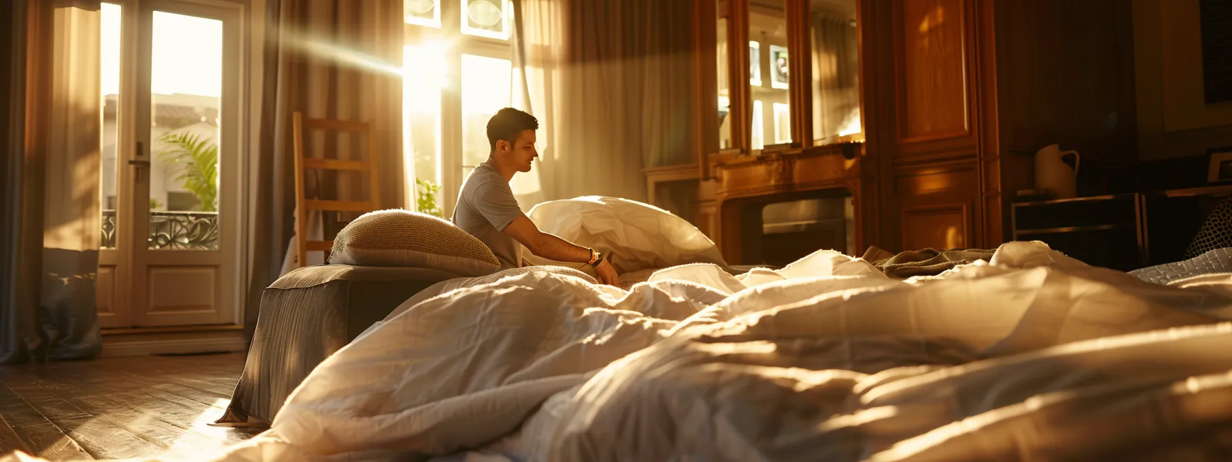 A Professional Mover Carefully Wrapping A Large Sofa In A Thick Protective Blanket In A Well-Lit Room, Ready For A Los Angeles Move.