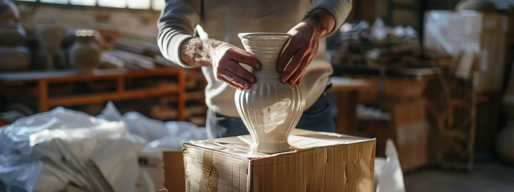 A Professional Mover Carefully Wrapping A Delicate Antique Vase With Protective Padding During The Packing Process.