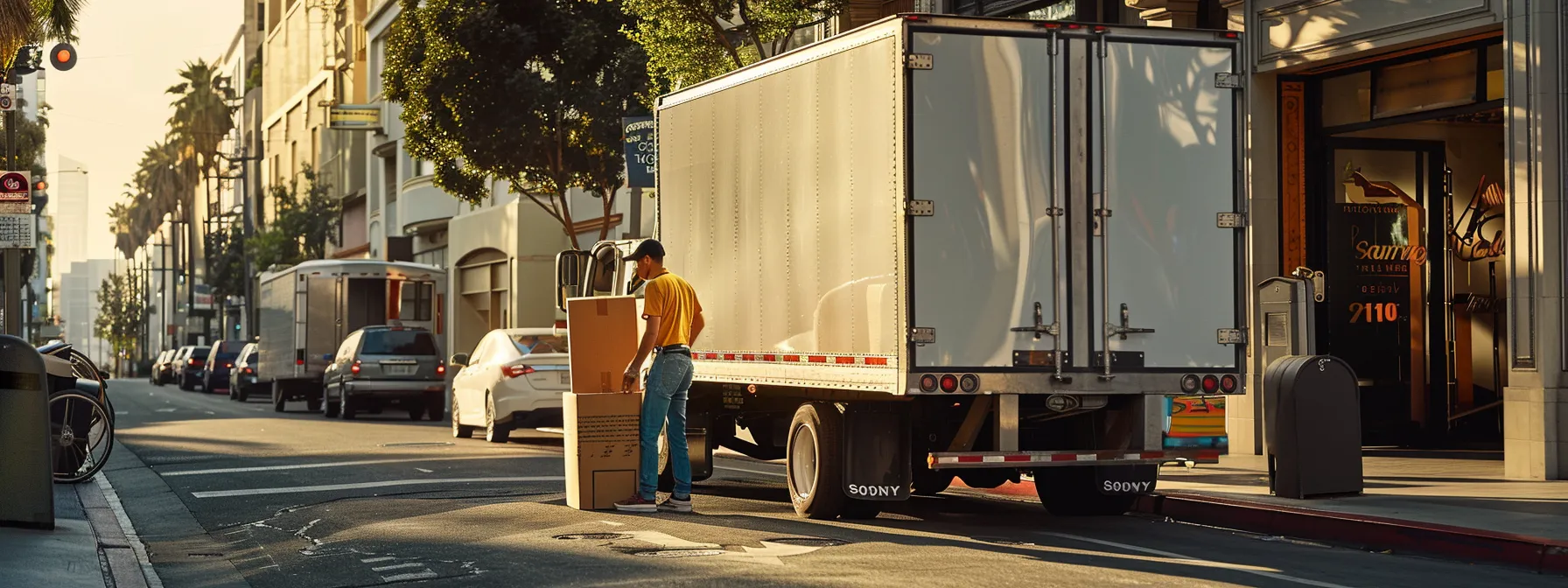 A Professional Mover Carefully Loading An Essentials Box Into A Moving Truck In The Bustling City Of Los Angeles.